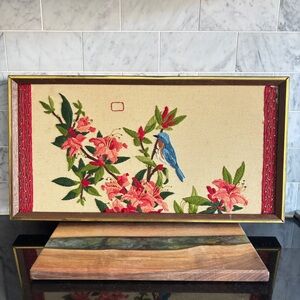 Vintage Framed Floral Crewel Embroidered Art “Songbird of the Orient”